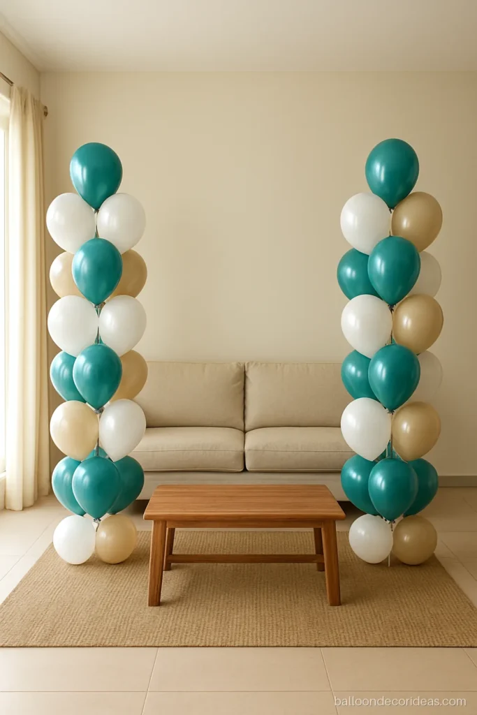 Only balloon decoration with tall bunches in two corners of a living room