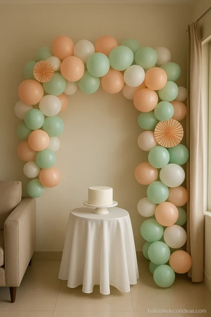 Birthday balloon decoration with a pastel peach, mint and white garland over a cake table