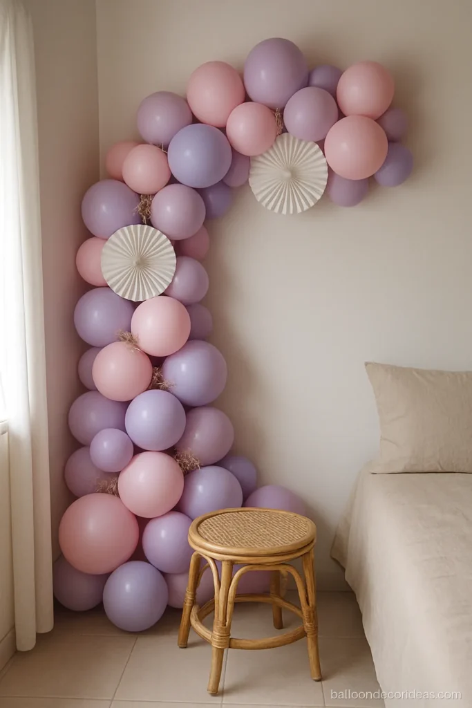 Aesthetic balloon decoration corner in pastel pink, lavender and lilac with paper fans