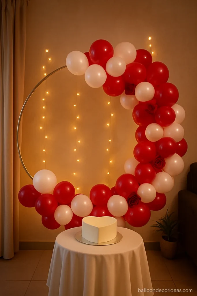 Red and white balloon decoration on a ring stand behind a small anniversary table