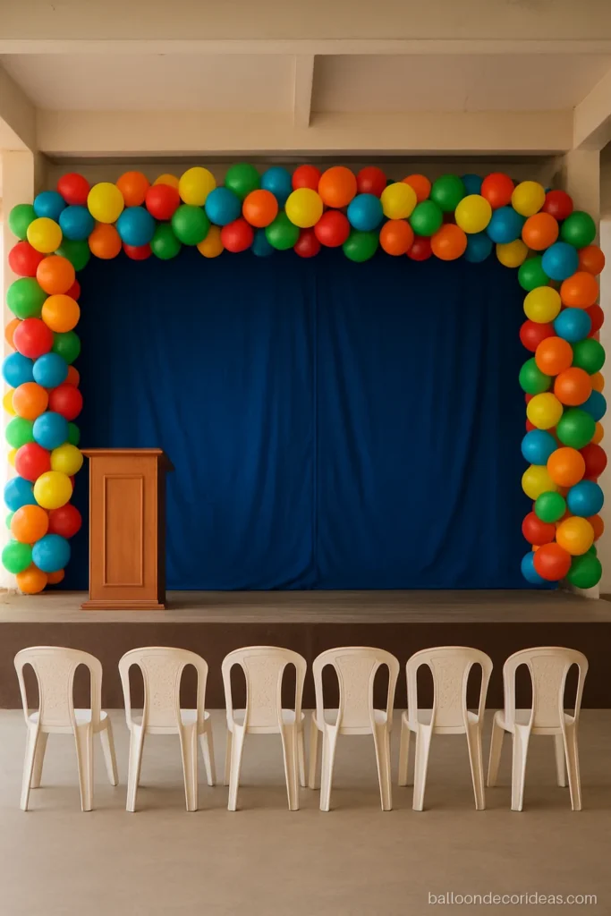 School stage balloon decoration backdrop in bright multicolour with a long garland