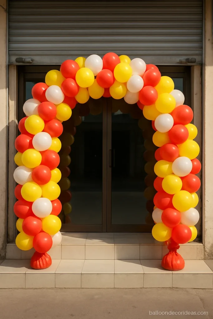 Shop balloon decoration with a red and yellow arch at the entrance for an opening