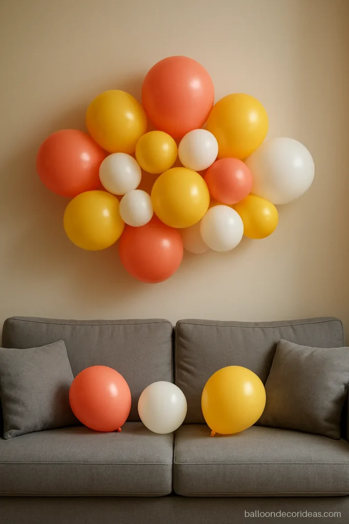 Simple balloon decoration at home with a three colour cluster above the living room sofa