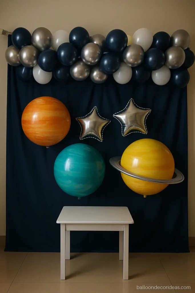 Space theme balloon decoration with navy, silver and planet shaped balloon clusters