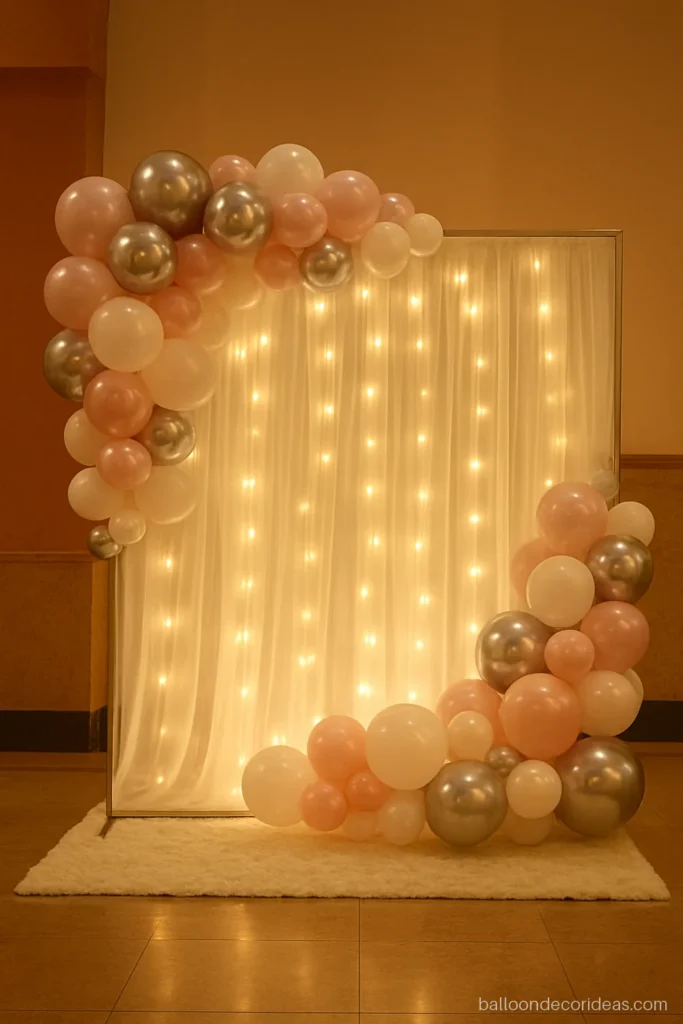 Square frame balloon decoration design in chrome silver and blush for an engagement