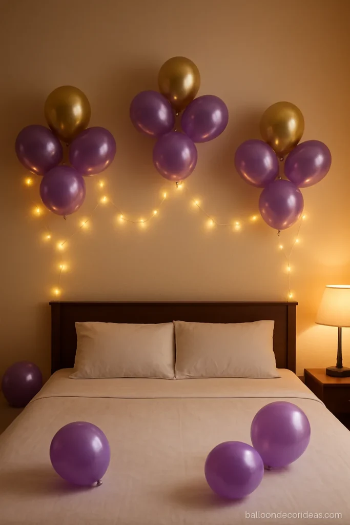 Teen birthday balloon decoration with chrome gold and lilac clusters on a bedroom wall