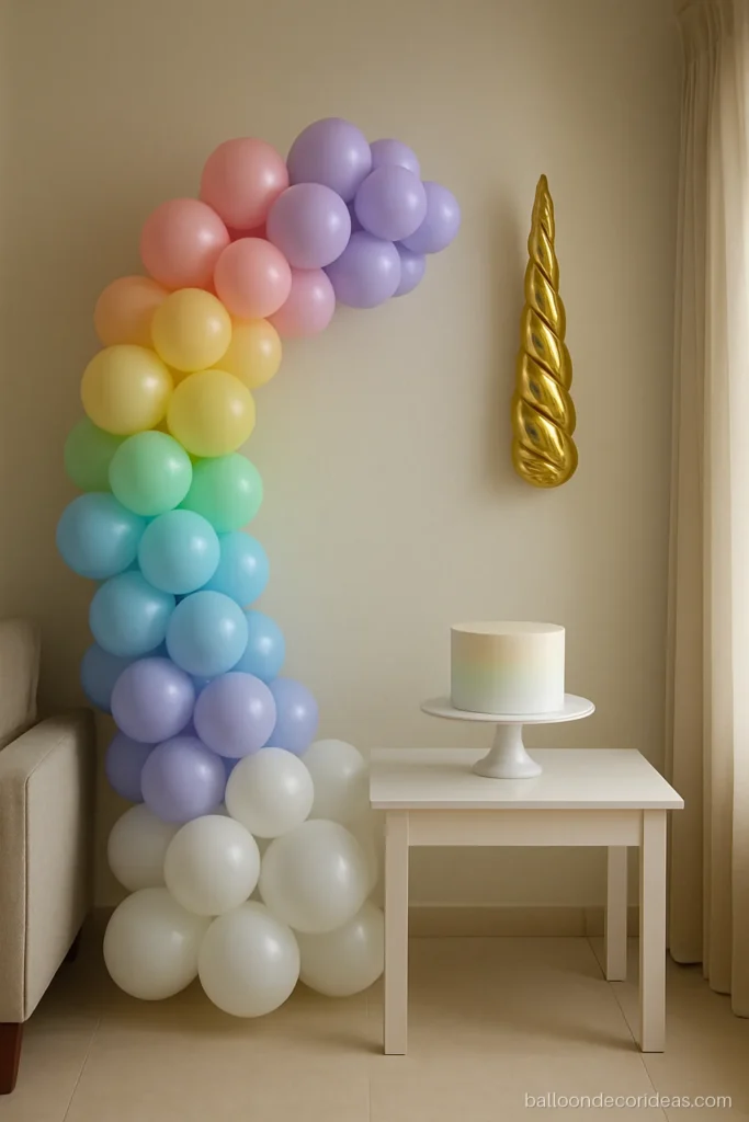 Unicorn theme balloon decoration with a pastel rainbow half arch and gold horn shape