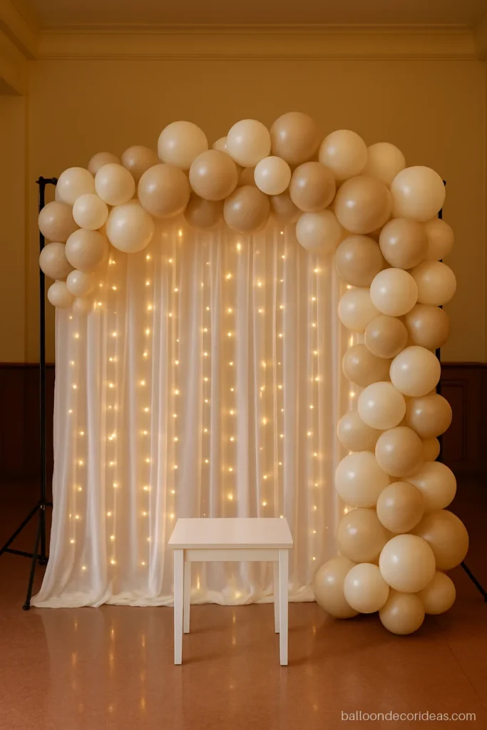 Balloon wall backdrop with a white curtain and fairy lights for an evening party