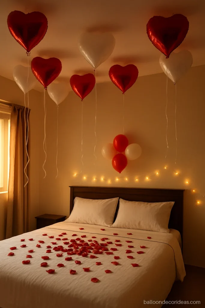 Wedding night room balloon decoration with red and white heart foils on the ceiling