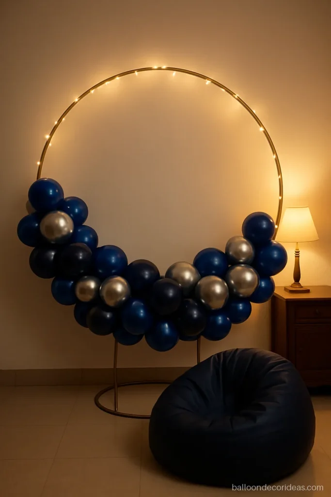 Simple balloon decoration for birthday boy with blue and silver balloons around a ring light