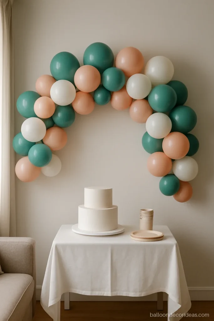 Simple birthday balloon decoration with a teal and peach garland over a cake table