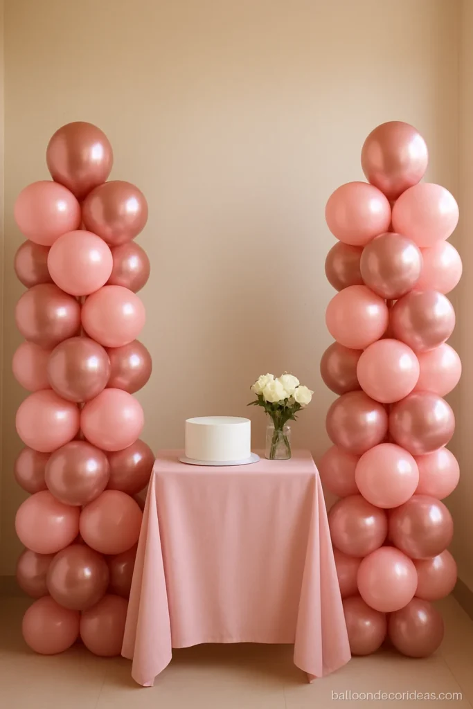 Birthday party simple balloon decoration with two pink and gold columns at the cake table