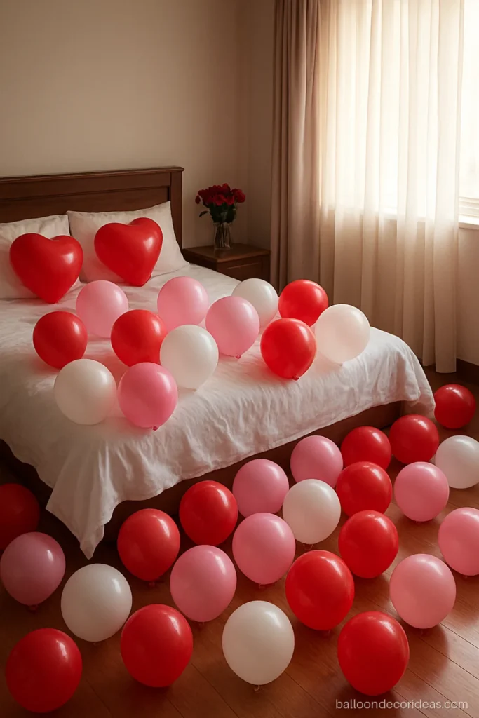 Simple balloon decoration ideas for a surprise with balloons spread on the bed and floor