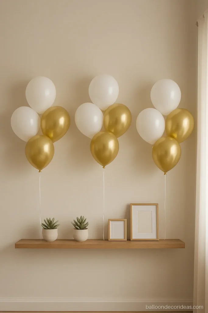 Minimal balloon decoration with three white and gold clusters on a wall shelf