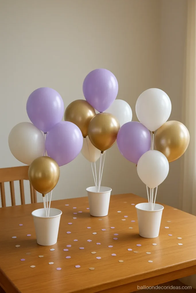 Basic balloon decoration with homemade balloon bouquets in paper cups on a table