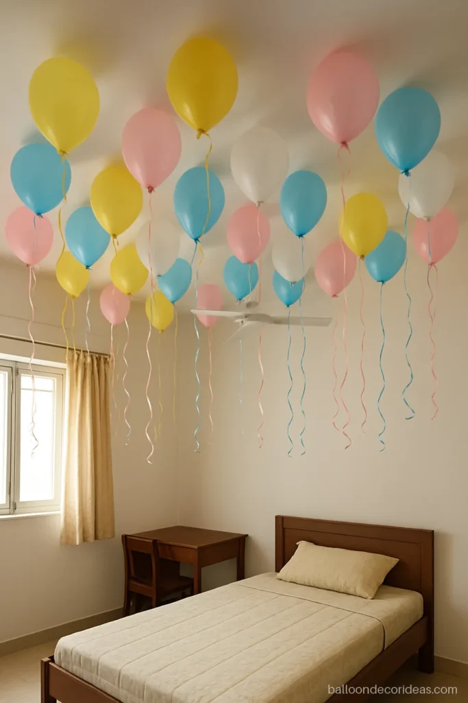 Birthday balloon decoration simple idea with balloons on the ceiling and hanging ribbons