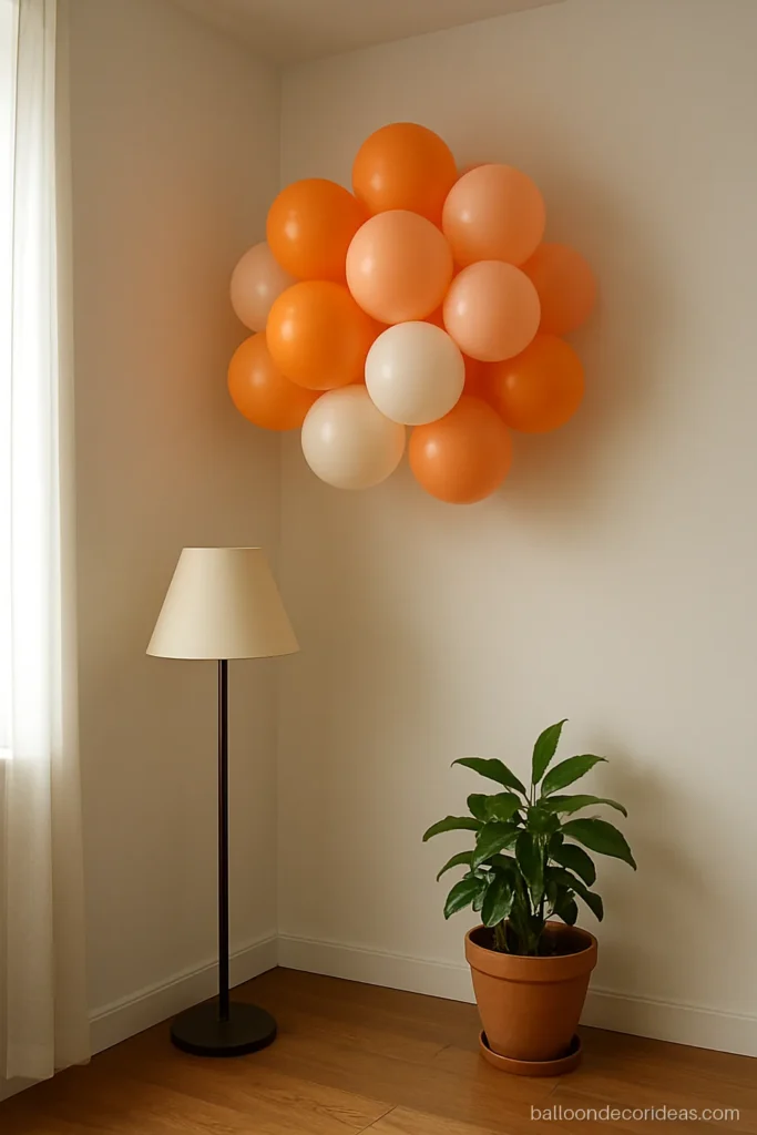 Quick small balloon decoration cluster in orange and white in a room corner