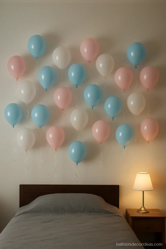 Very simple balloon decoration with pastel pink and blue balloons scattered on a wall