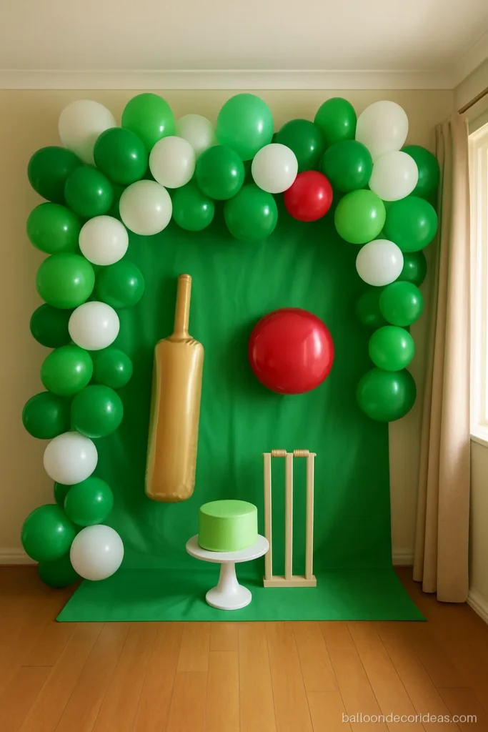 Cricket theme balloon decoration with green, white and red balloons and bat shapes
