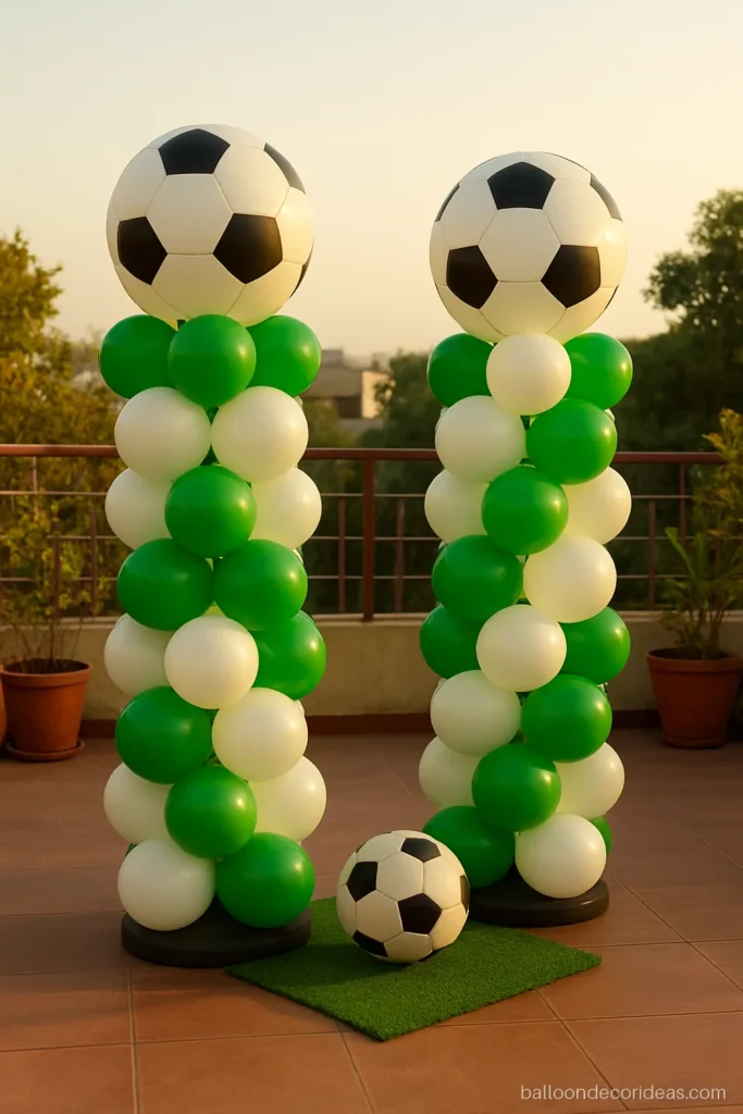 Football balloon decoration columns in green and white on a terrace for a birthday