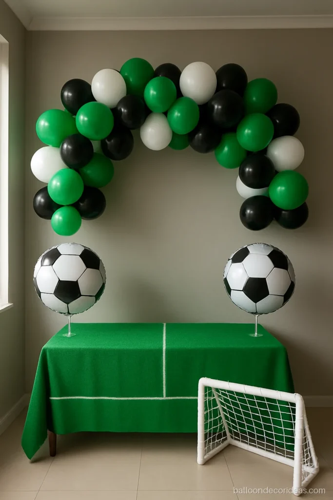 Football theme balloon decoration with black and white balloons and a green pitch table
