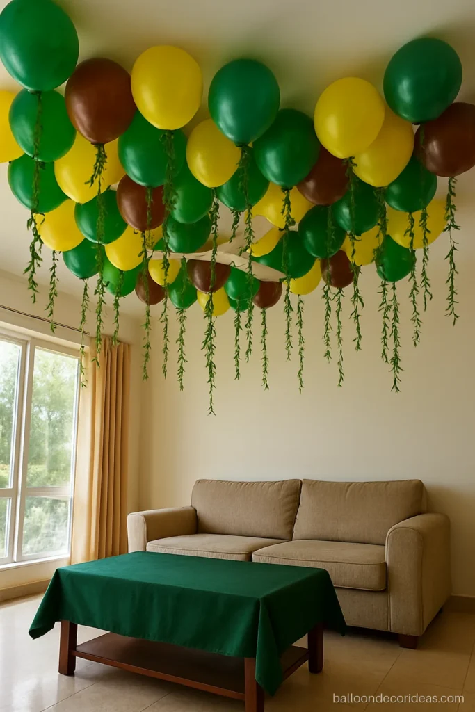 Jungle theme balloon decoration for birthday with green ceiling balloons and hanging vines