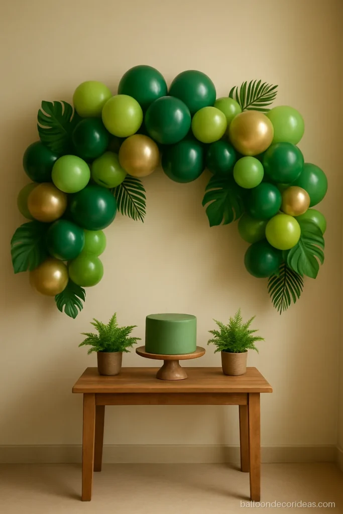 Jungle theme balloon decoration with green garland and palm leaves on a wall