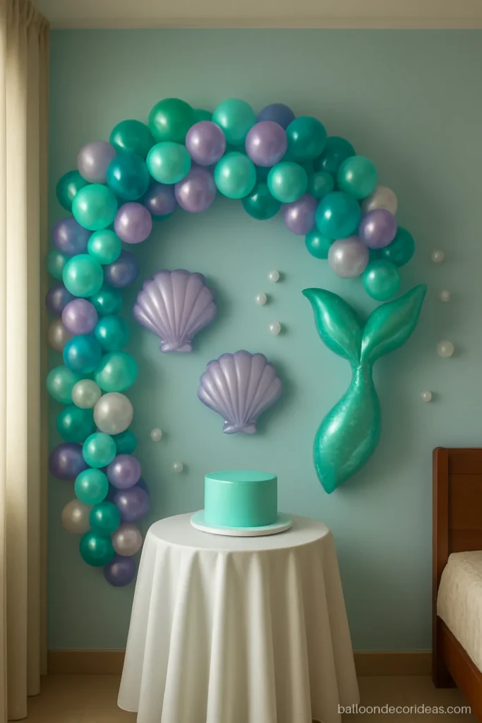 Mermaid theme balloon decoration with teal and purple balloons and shell shapes