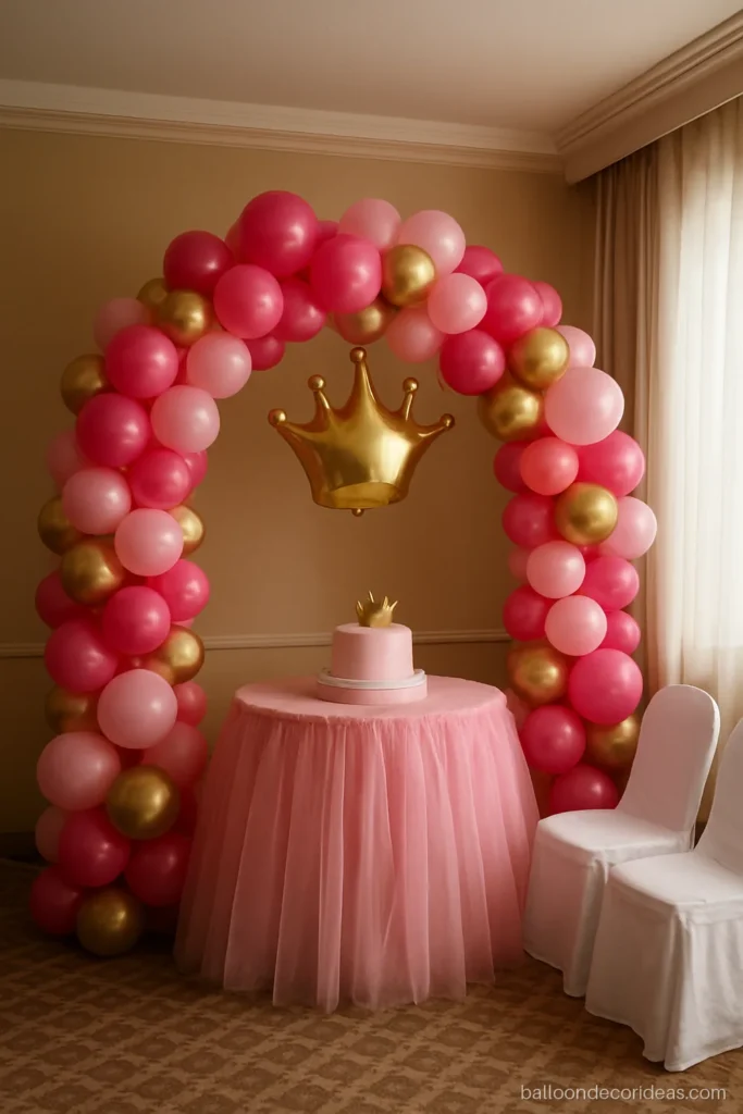 Princess theme balloon decoration with pink and gold balloons around a crown cake table