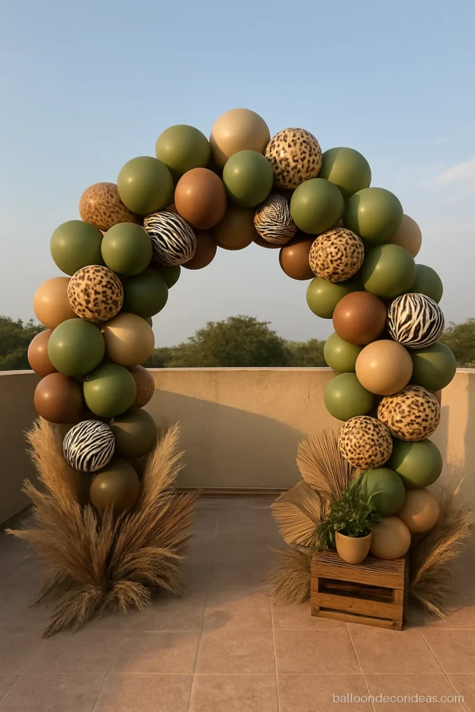 Safari theme balloon arch with leopard print and zebra print balloons