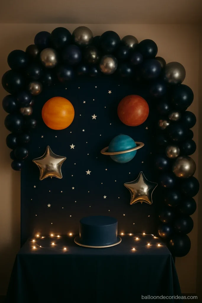 Space theme balloon decoration with navy and silver balloons and planet shapes