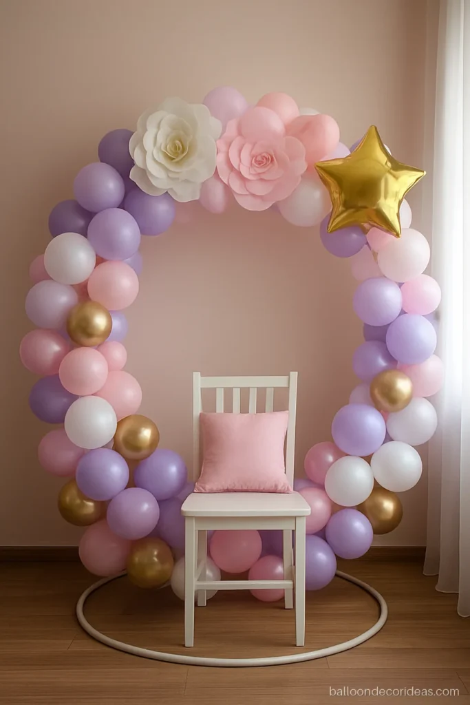 Unicorn balloon decoration at home with a lilac and white ring and paper flowers