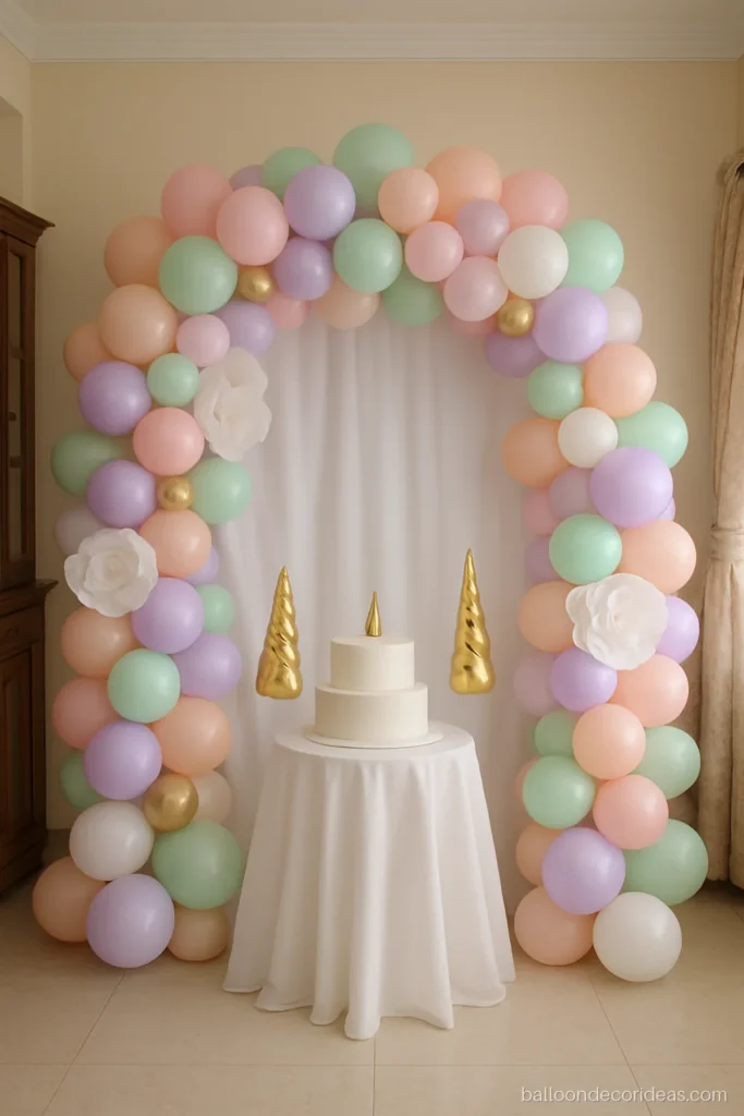 Unicorn balloon decoration with a pastel rainbow garland and gold horn shapes