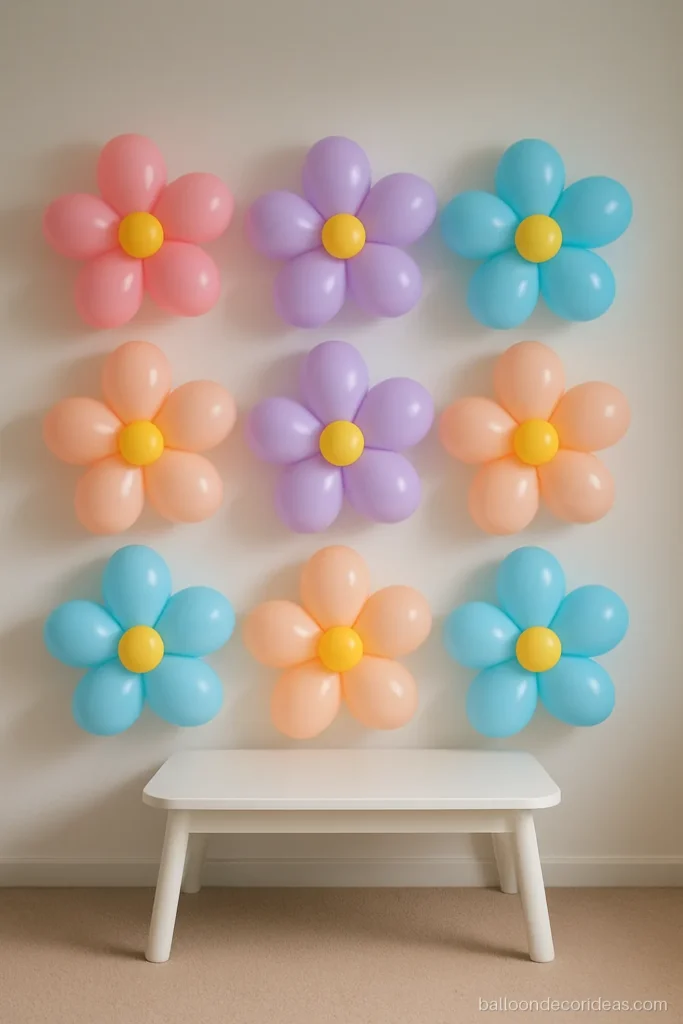 Balloon flower wall decoration with pastel daisy shapes on a white wall