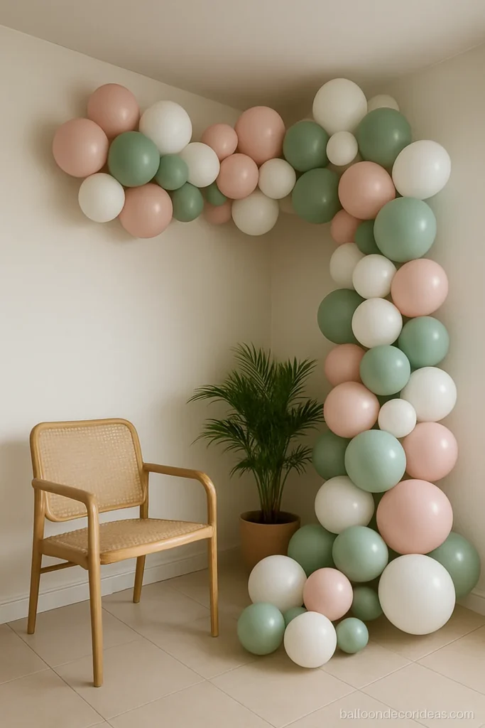 Corner balloon decoration on two walls as a selfie point in blush and sage