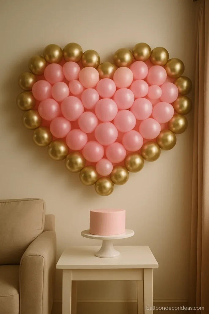 Heart shape balloon wall decoration filled with pink balloons and a gold border
