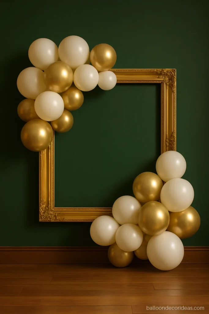 Balloon decoration selfie point with an empty gold frame on a green wall