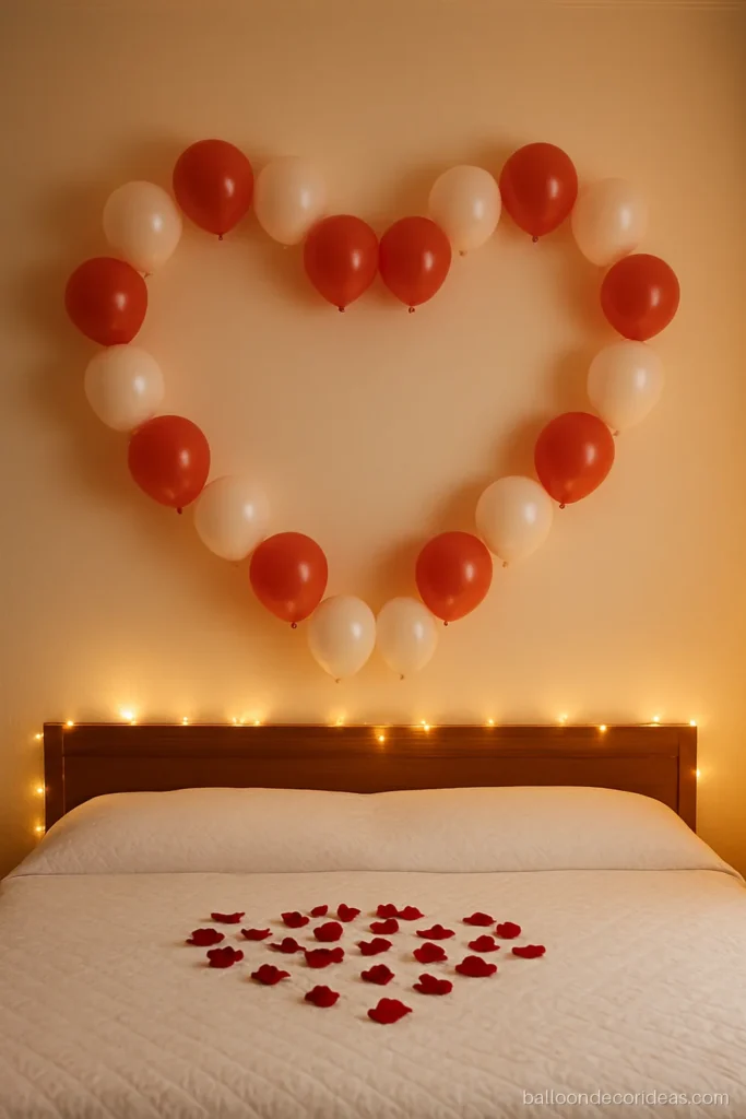 Red and white balloon decoration on wall in a heart outline above a bed