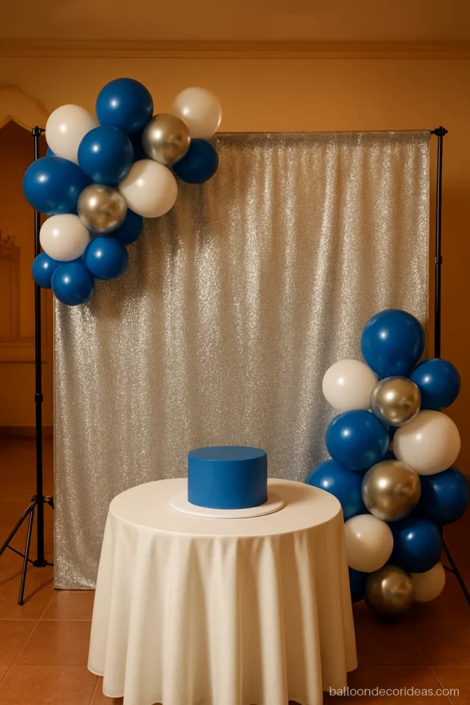 Balloon decoration backdrop with a silver cloth and blue and white clusters