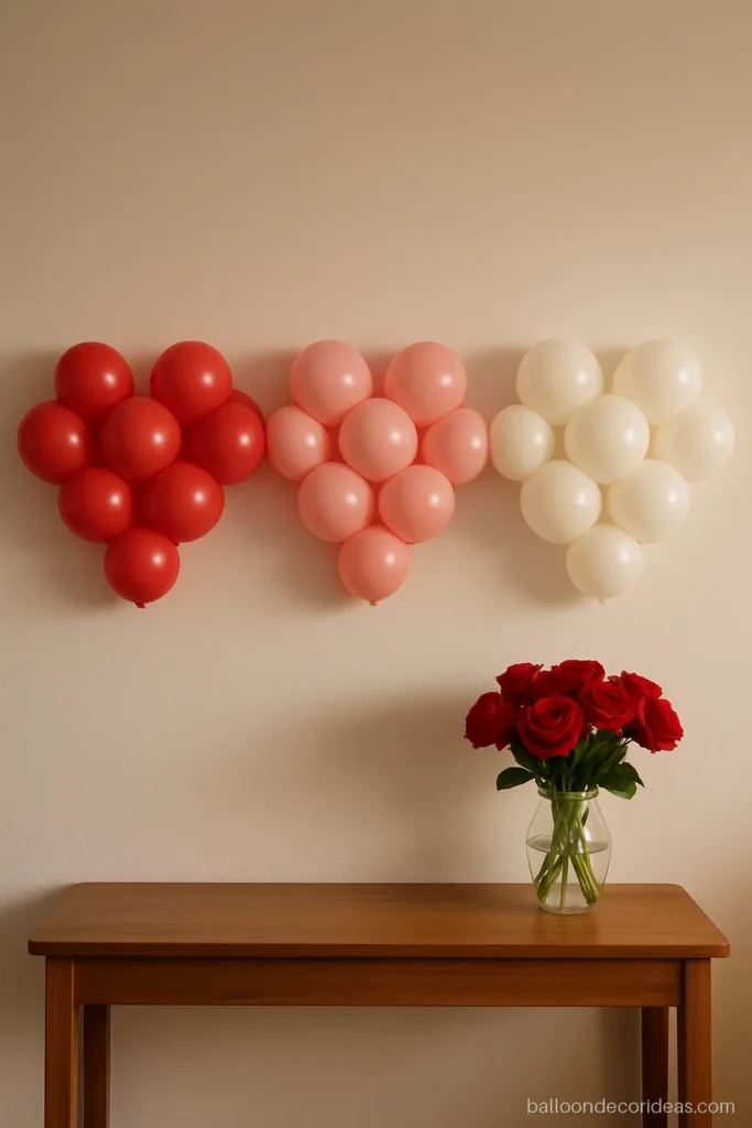 Three small heart balloon shapes in a row on a white wall above a console