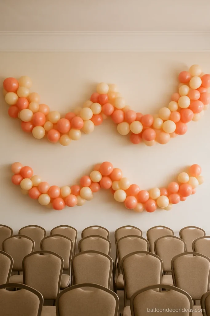 Upper wall balloon decoration with a scallop garland in peach and cream