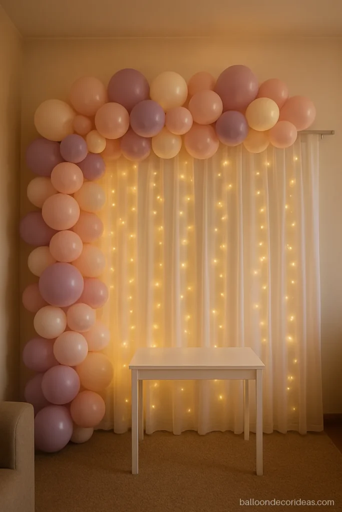 Birthday balloon backdrop decoration with a white curtain, fairy lights and a pastel garland