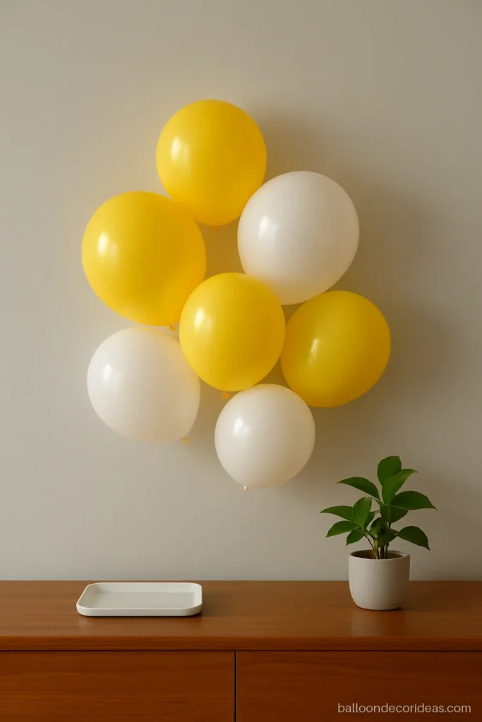 Simple balloon decoration on wall at home with a yellow and white cluster